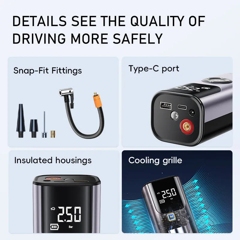 Car portable wireless tyre inflator 80W ABS air pump with pressure gauge and warning light in black