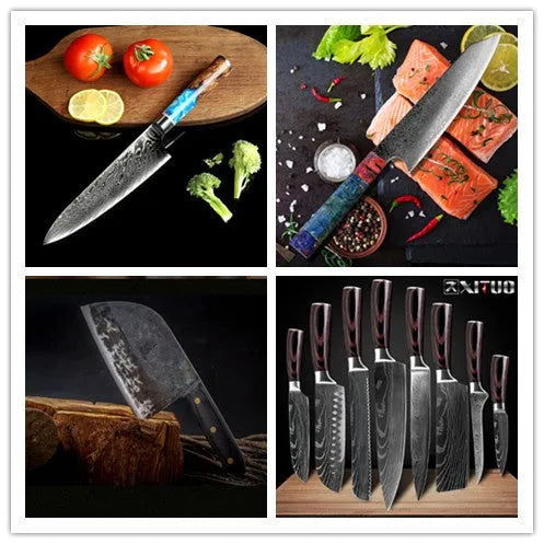 8-piece kitchen knife set with chef's knife, meat cutter, Japanese knives, bread knife and fruit knife