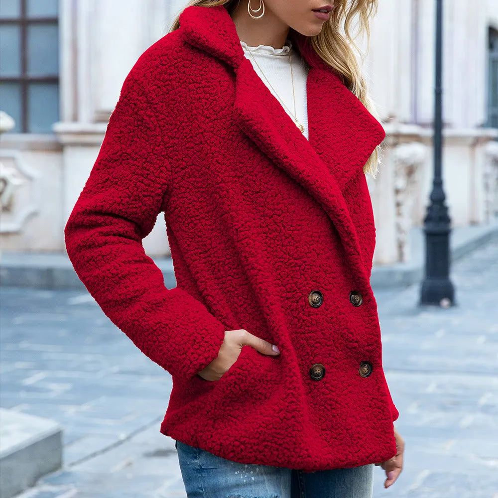 A loose lapel fluffy button coat for women in a choice of twelve colours, shown on a size chart.