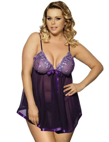 Women's purple lace sleepdress with see-through mesh construction showing lace detailing