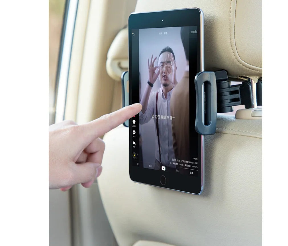 Black car phone holder mounted on vehicle rear seat for universal phone and tablet compatibility
