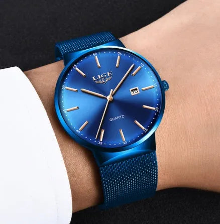 Men's digital watch with stainless steel case and resin strap in black, blue, or two-tone colour