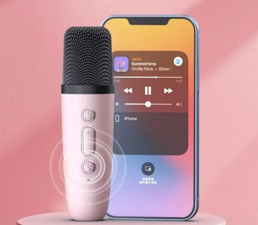Portable white, pink, or sky blue Bluetooth karaoke microphone speaker with coloured lights.