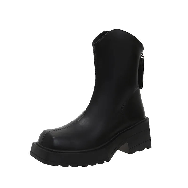 Black platform Martin ankle boots for women with a square toe and back zipper.