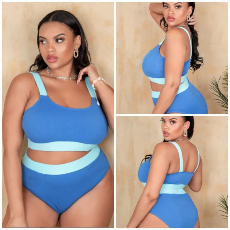 Women's high-waisted polyester bikini brief set in solid colour with stitching detail