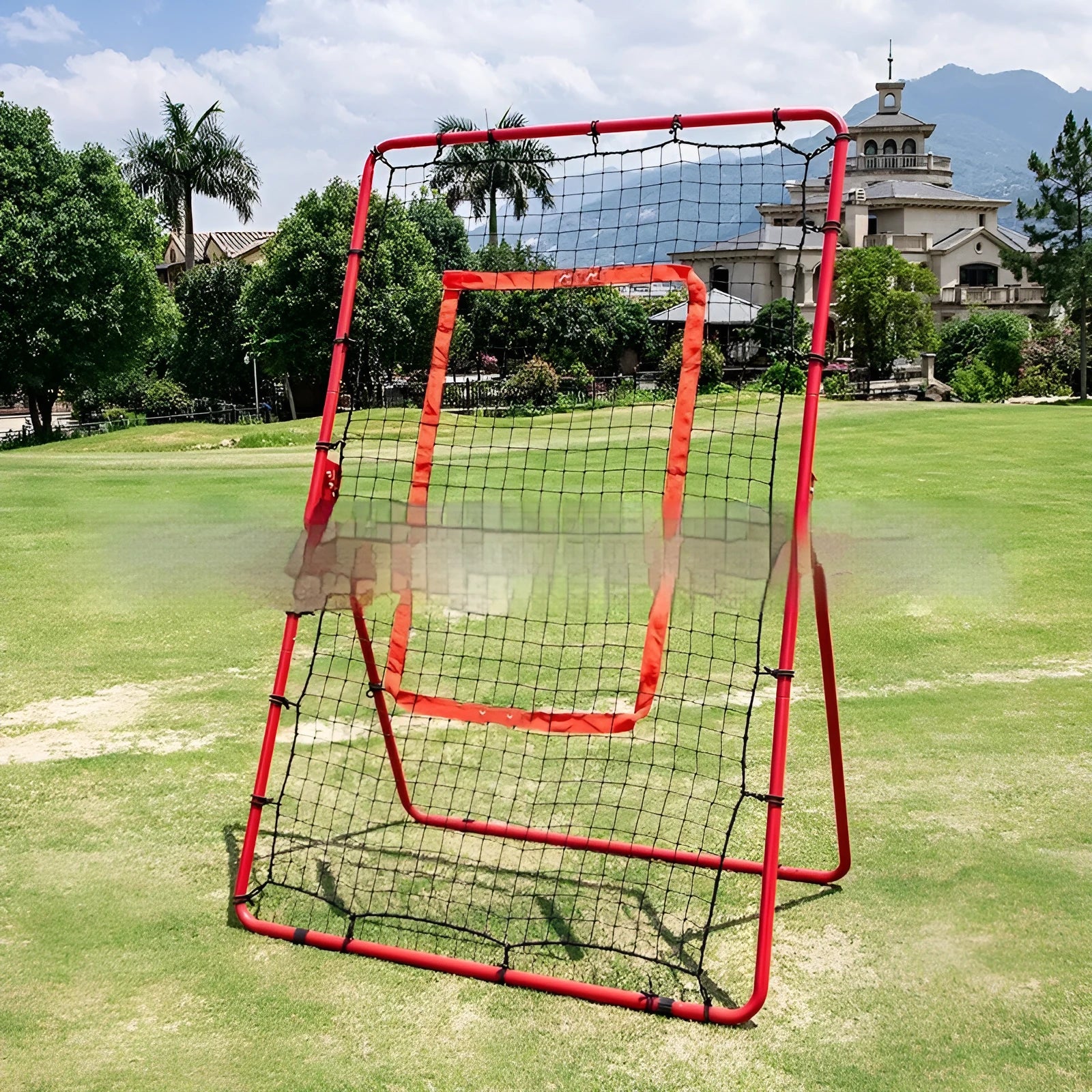 Red portable baseball training net with metal frame, adjustable 4x6FT size