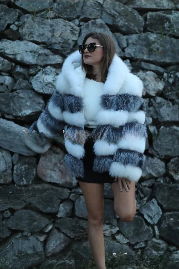Women's loose artificial fur coat with hood in brown and white silver fox colour options, shown at 65cm length.