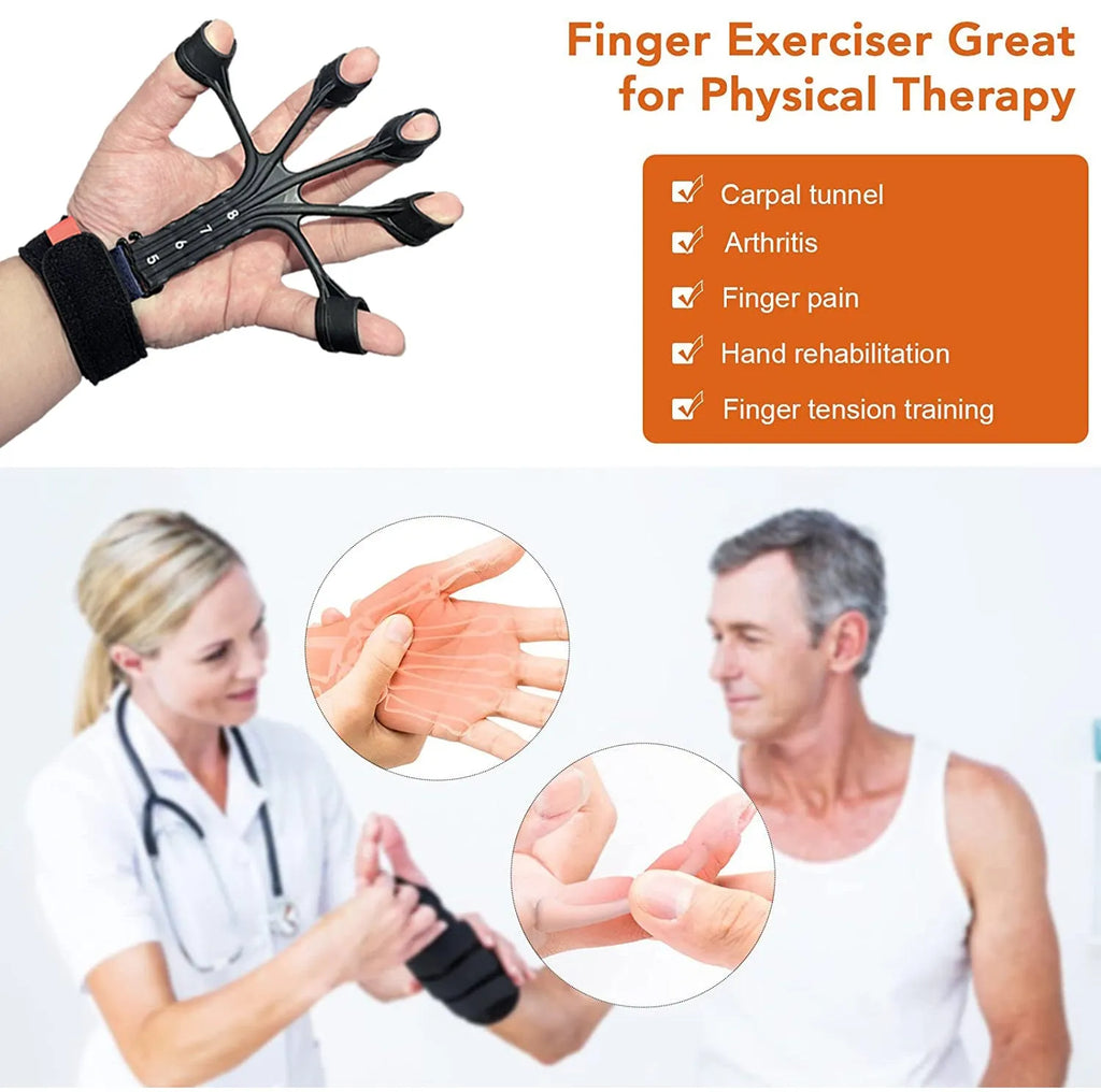 Black silicone finger flexion and extension trainer with adjusting belt for hand therapy