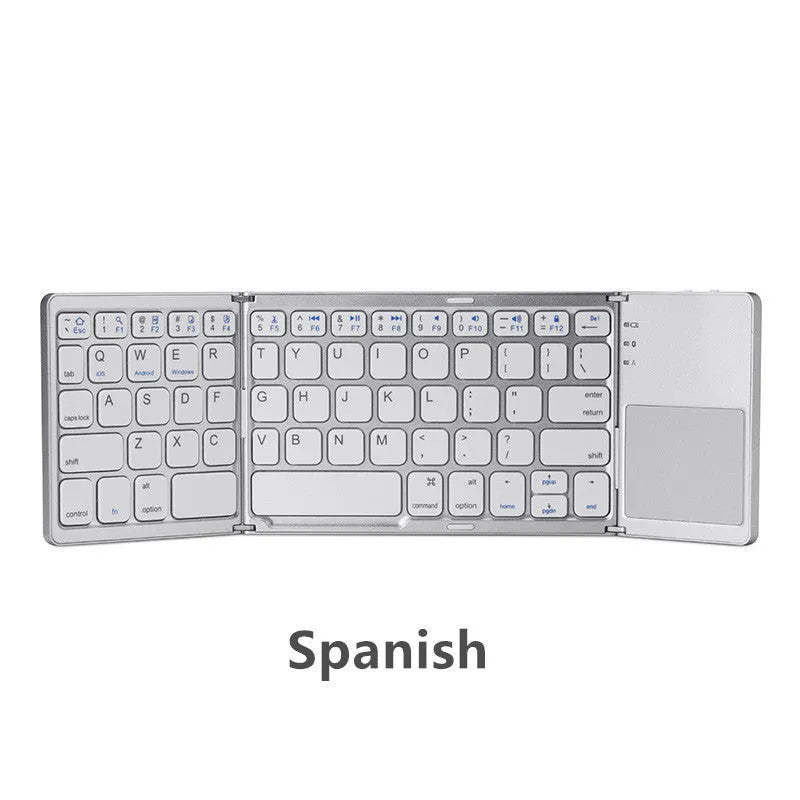 Black tri-fold folding Bluetooth keyboard with touchpad, shown both folded and unfolded.
