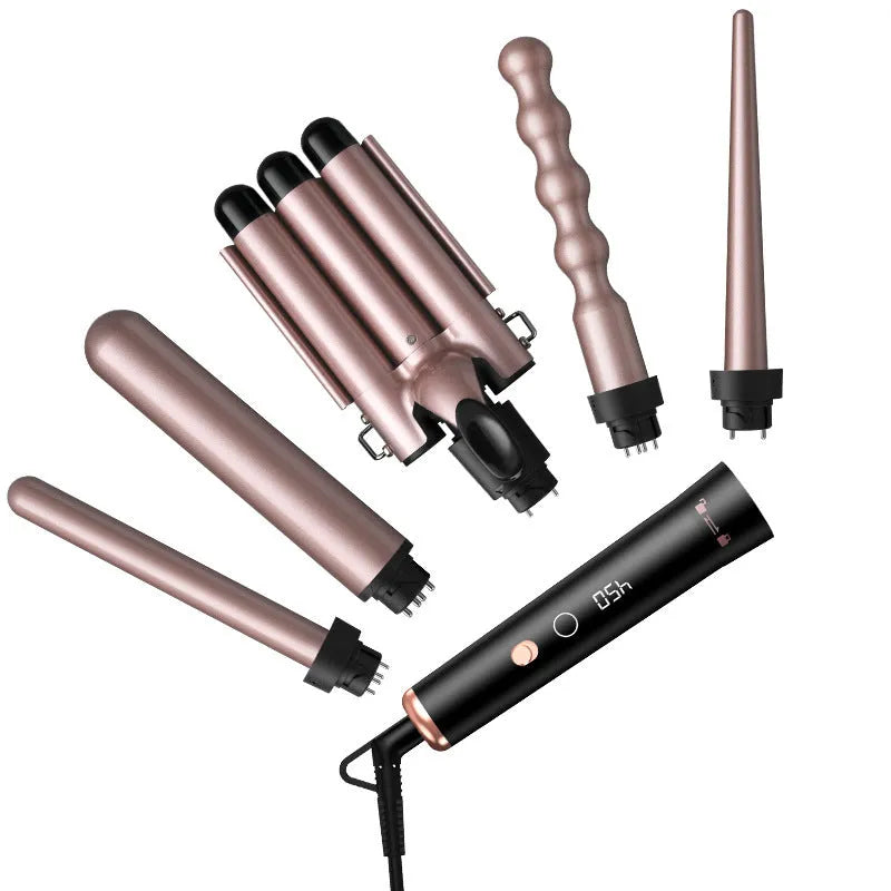 Rose gold negative ion hair curler with LCD screen and five interchangeable styling tubes