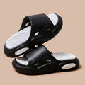 Two-colour EVA slippers for couples with thick sole, shown in pink and purple colour option.