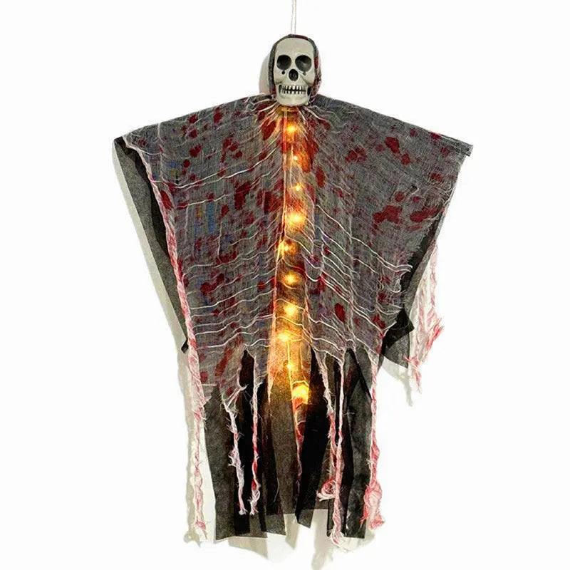 Halloween plastic hanging decoration showing blood-dyed luminous skull and ghost ornament for outdoor or indoor display