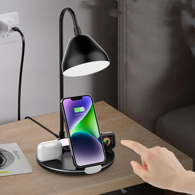 Black and white magnetic folding wireless charger open as stand showing USB connection