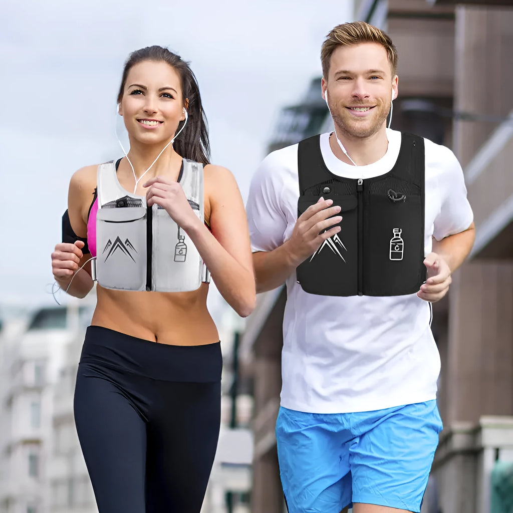Breathable mesh running vest with phone compartment in classic black or moonlight grey