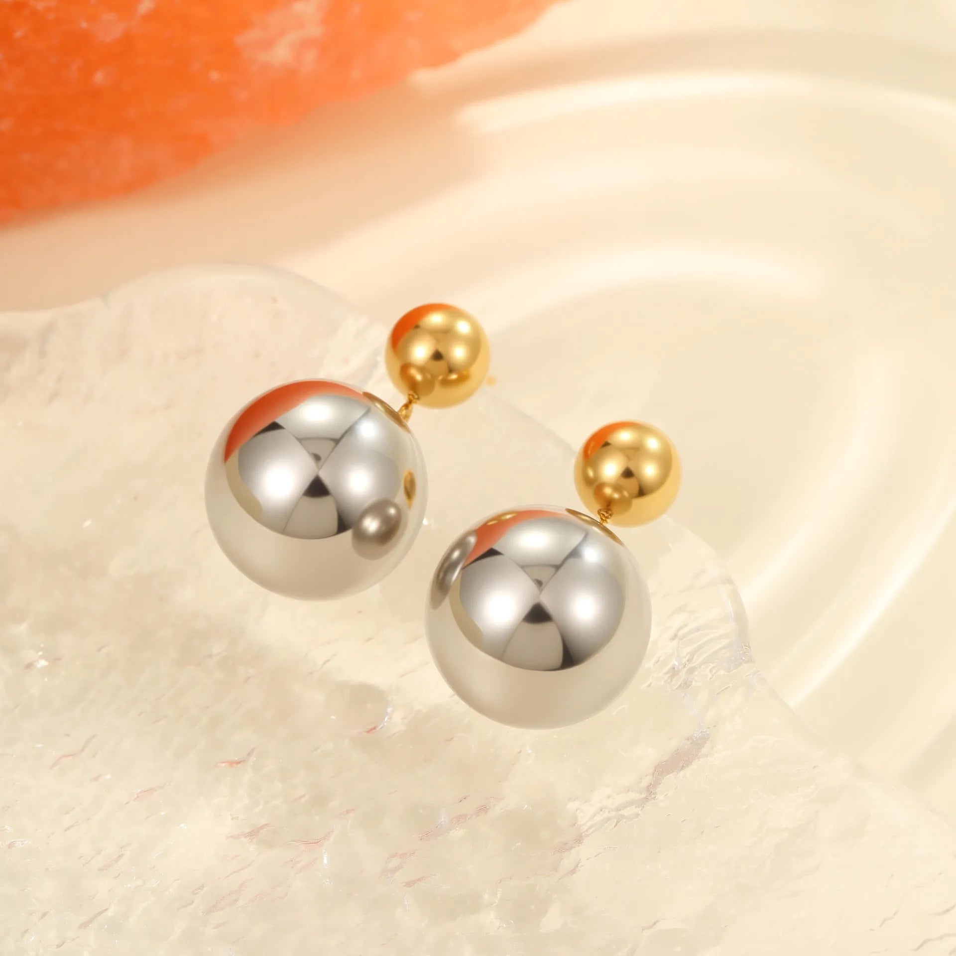 Round beads stainless steel 18K gold electroplated colour-block ear studs geometric sphere shape