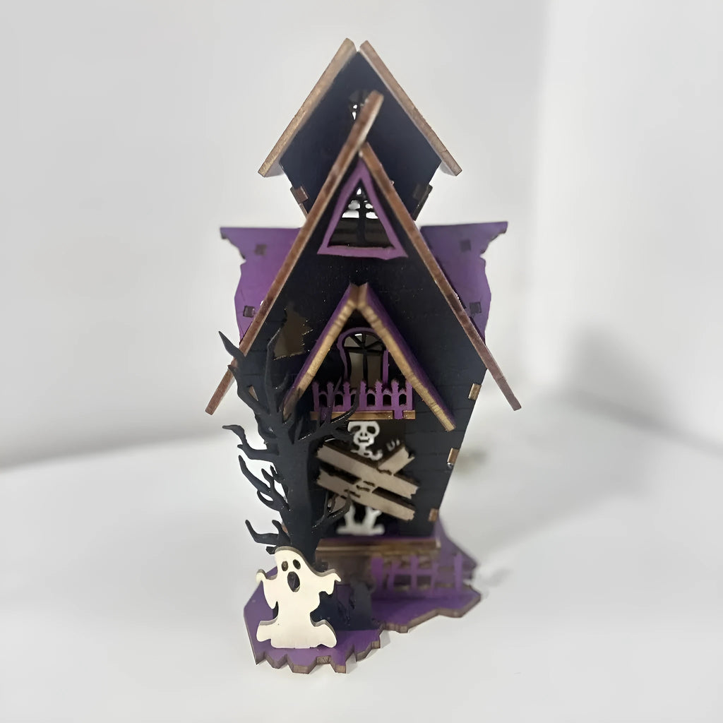 Wooden Halloween haunted house decoration with luminous paint, 14x10.5x19cm