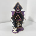 Wooden Halloween haunted house decoration with luminous paint, 14x10.5x19cm