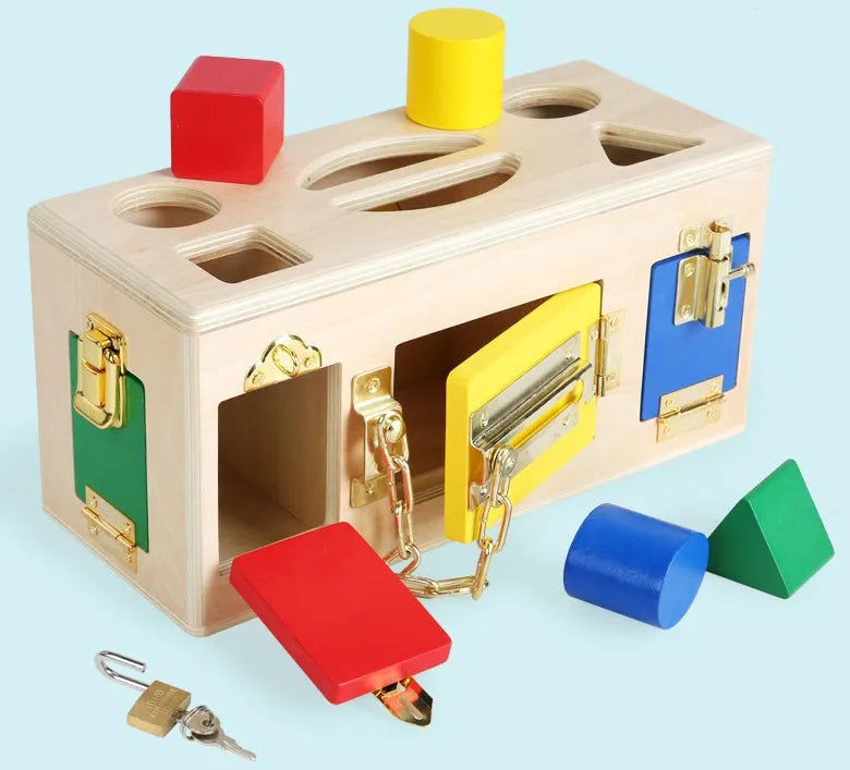 Wooden shape sorter lock box with 12 eco-friendly non-toxic pieces for preschool learning