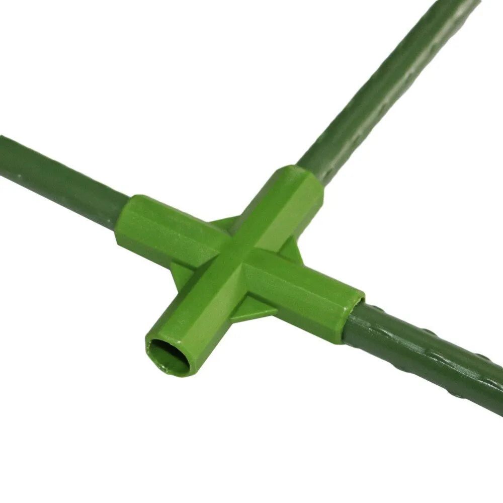 Two white plastic garden connectors, a three-way and a four-way joint, for 11mm plant support poles.