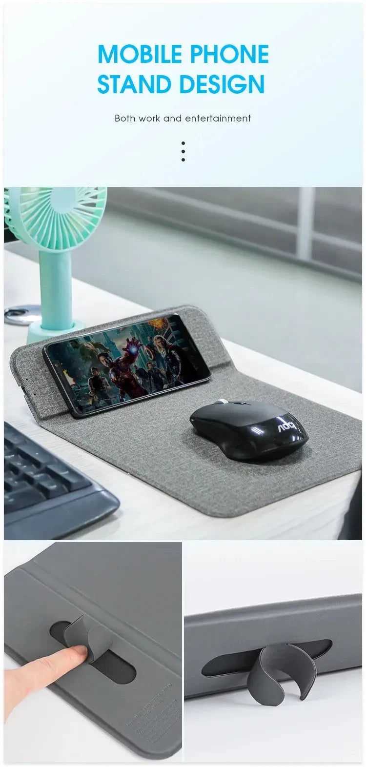 Foldable cloth phone stand with integrated 10W Qi wireless charging pad.