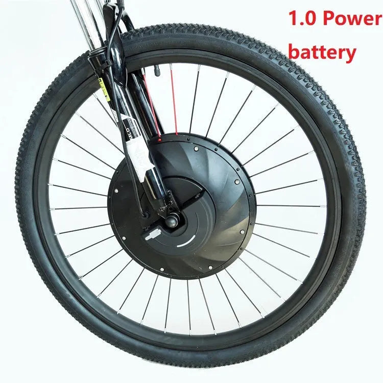 26-inch bicycle electric conversion kit showing alloy hub motor, lithium battery pack, and charger with plug options.