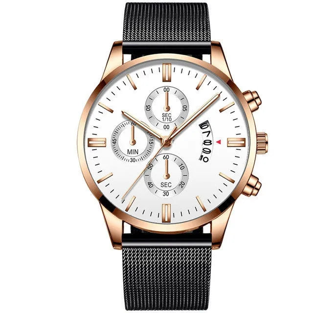 Men's stainless steel quartz watch with mesh band in a two-tone colour option.