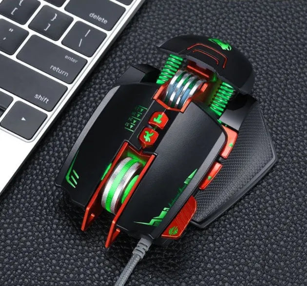 Thunder Wolf V9 black wired gaming mouse with six buttons and USB cable on a mouse mat