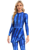 Conservative Muslim women's three-piece swimsuit set in blue, with a matching apron, on a mannequin.