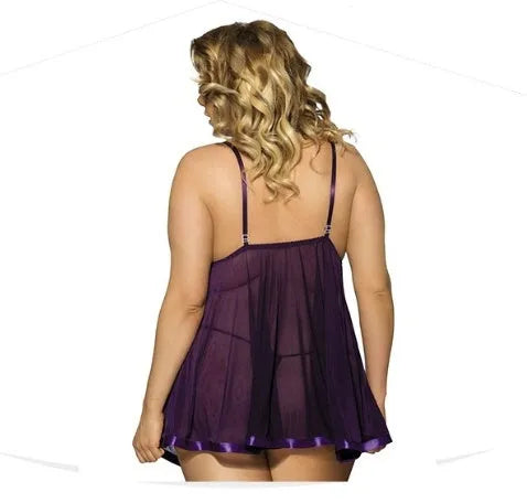 Women's purple lace sleepdress with see-through mesh construction showing lace detailing
