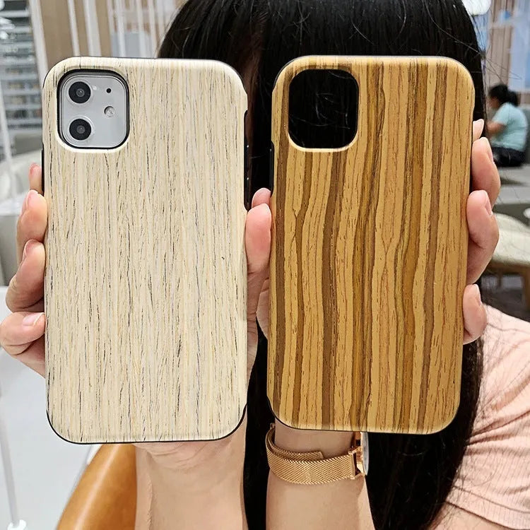 Slim wooden iPhone back cover in natural rosewood, teak, black rose, and walnut finishes