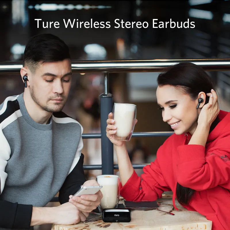 Black and white true wireless Bluetooth earbuds with IPX5 waterproof rating shown side by side.