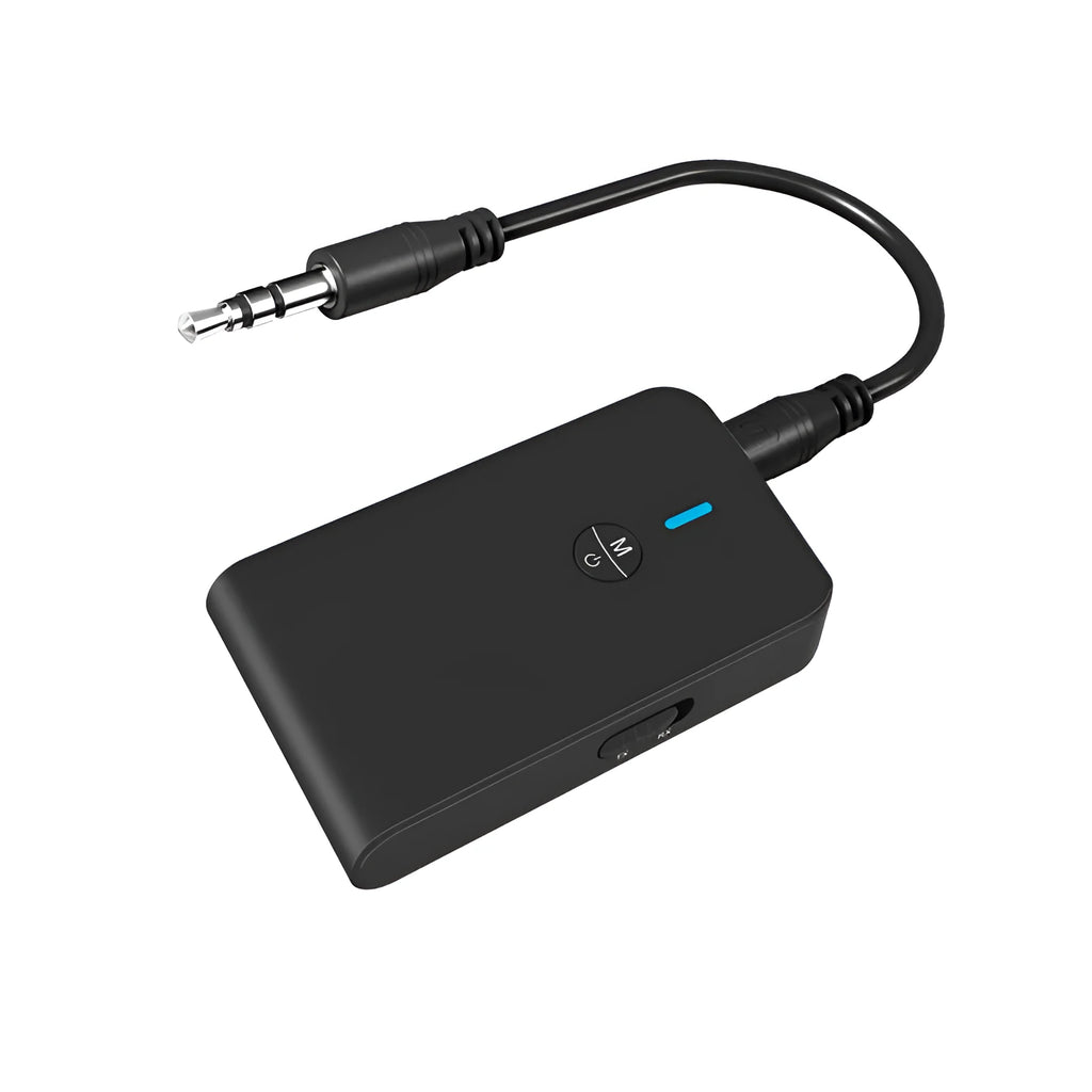Black USB Bluetooth audio adapter with 3.5mm AUX plug for wireless streaming.