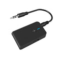 Black USB Bluetooth audio adapter with 3.5mm AUX plug for wireless streaming.