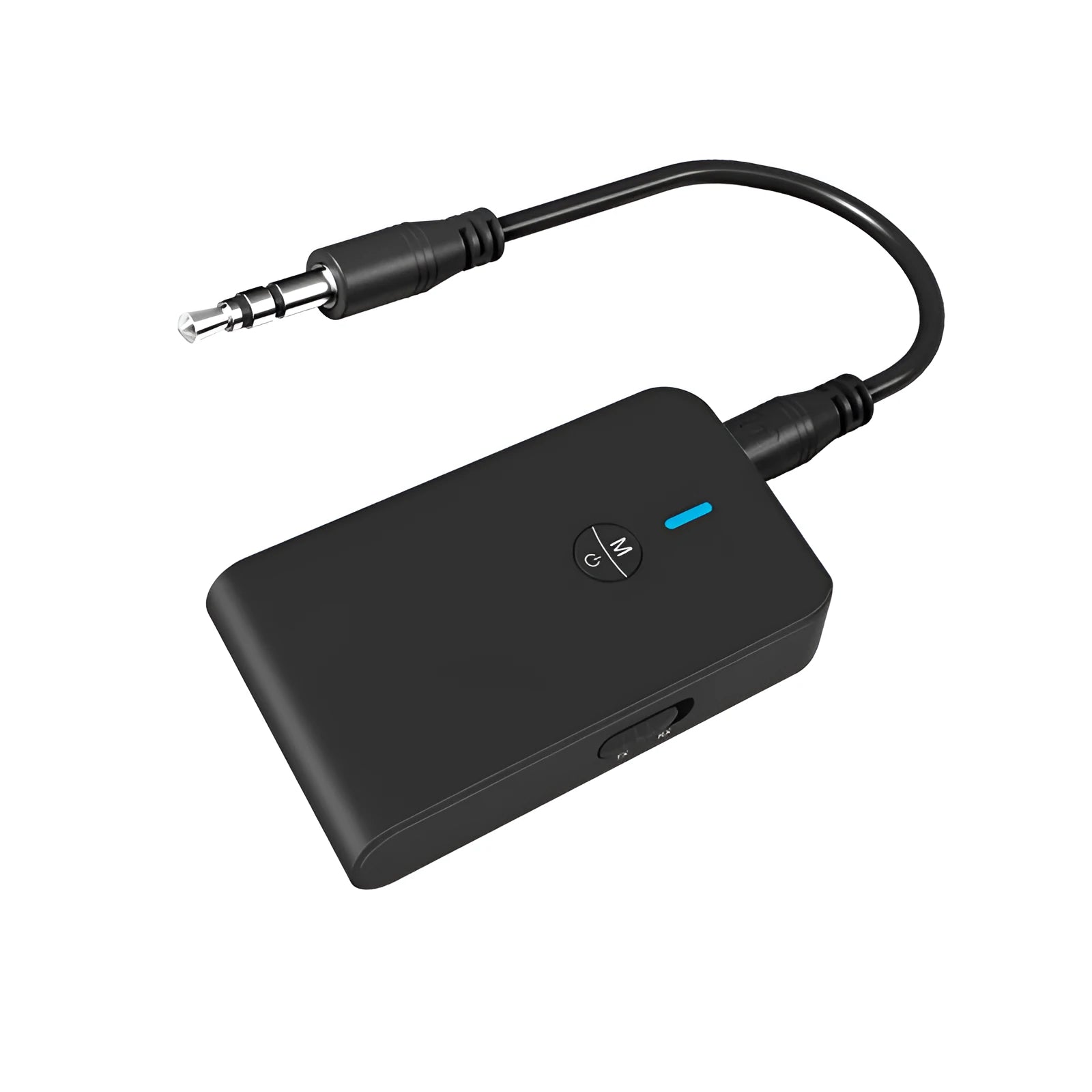 Black USB Bluetooth audio adapter with 3.5mm AUX plug for wireless streaming.