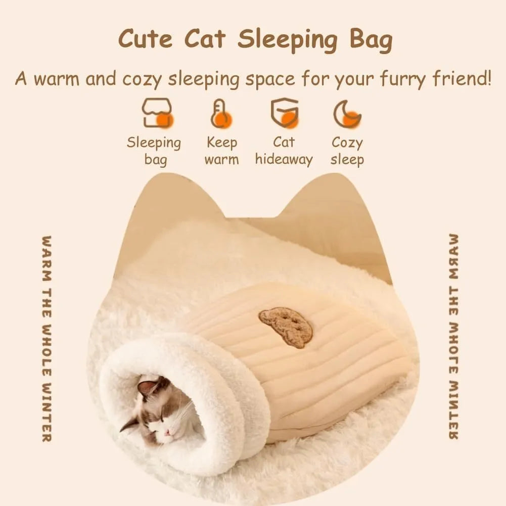 Cat sleeping bag in blue plush fabric with semi-enclosed tunnel design for indoor cats