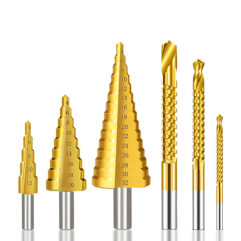 High speed steel step drill bits and centre punch set for metal drilling