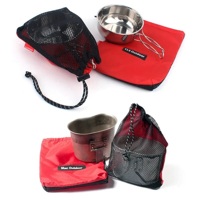 Set of five red outdoor travel storage bags with zippers and mesh panels.