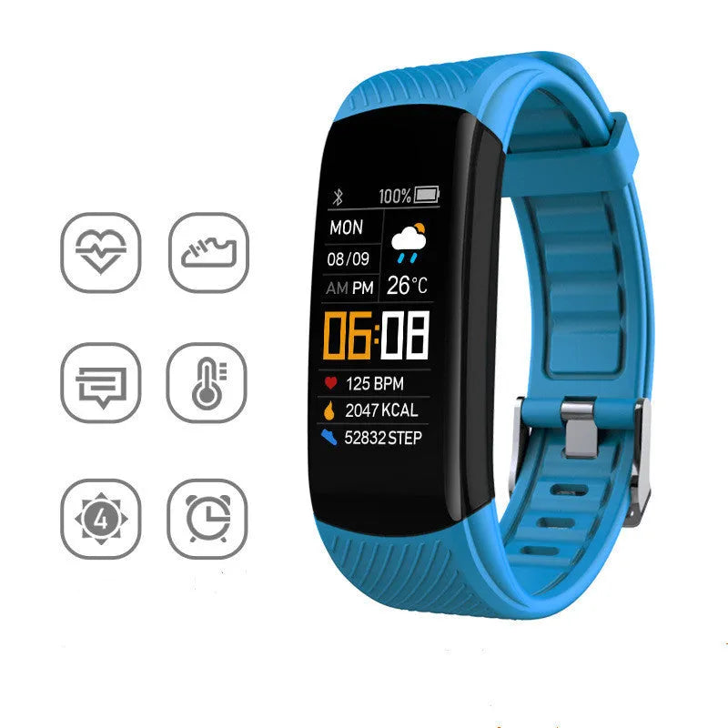 TPU sports pedometer bracelet on wrist showing 0.96-inch touch screen, available in multiple colours.