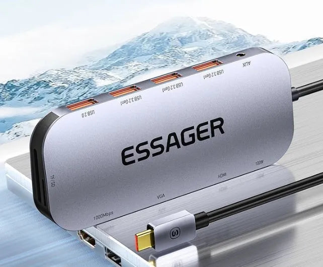 11-in-1 USB-C expansion dock with Gigabit Ethernet port and 20cm connecting cable