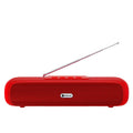 Desktop wireless long strip subwoofer in black, blue, red, or silver grey with USB charging port.