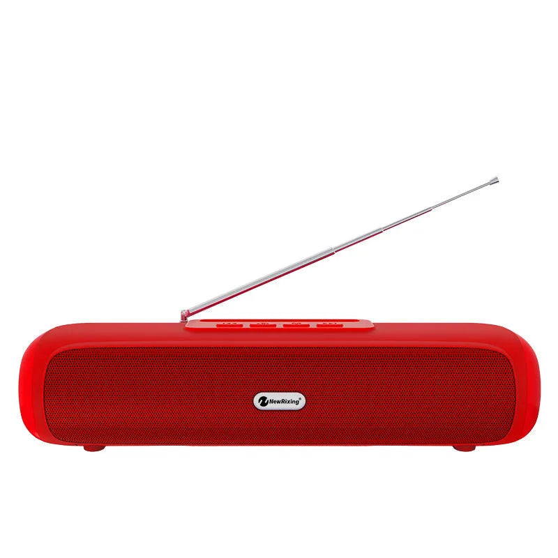 Desktop wireless long strip subwoofer in black, blue, red, or silver grey with USB charging port.