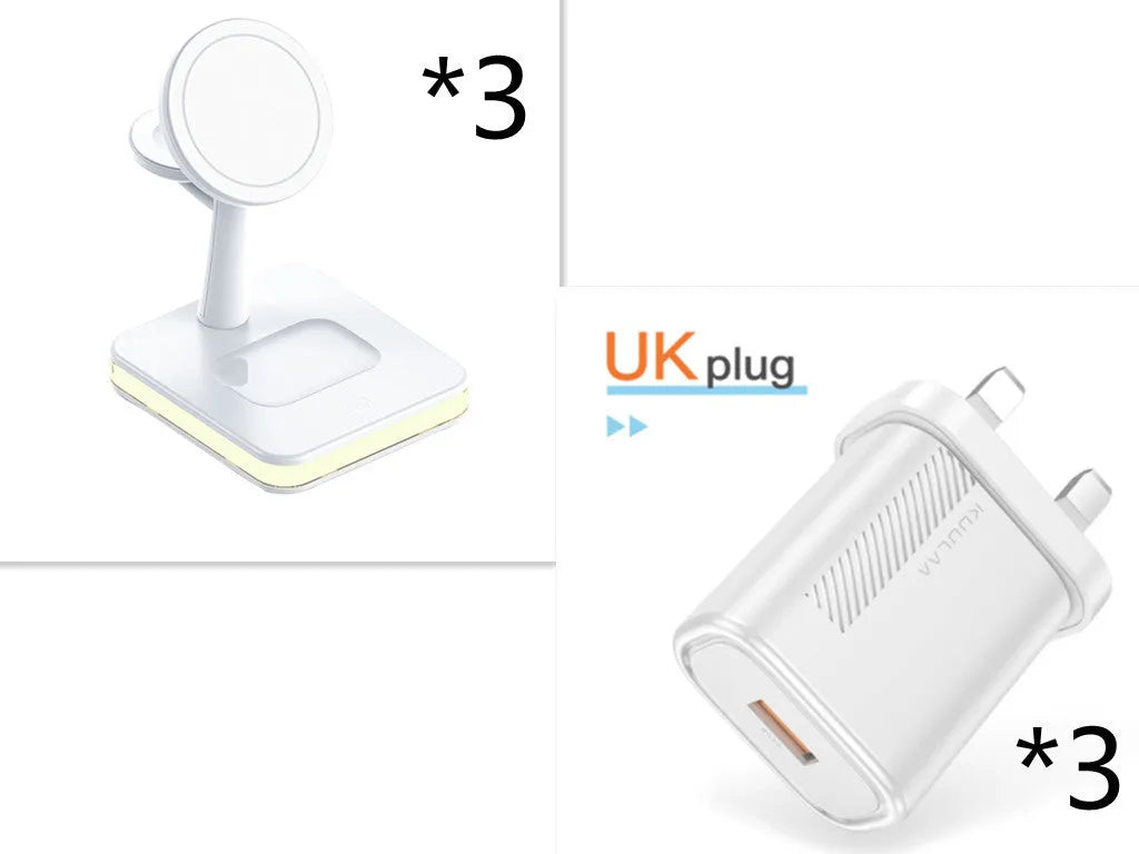 Three-in-one magnetic wireless charger stand for phone, watch, and headphones in black with LED indicator