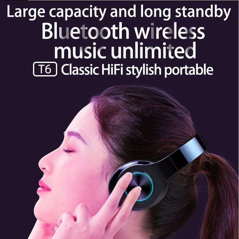 T6 wireless Bluetooth headset with earhook, shown on a dark background.