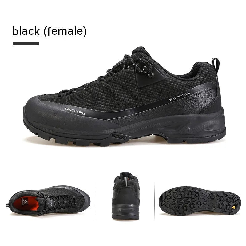 Men's low-top mountain climbing shoes in black with non-slip rubber outsole and lace-up design