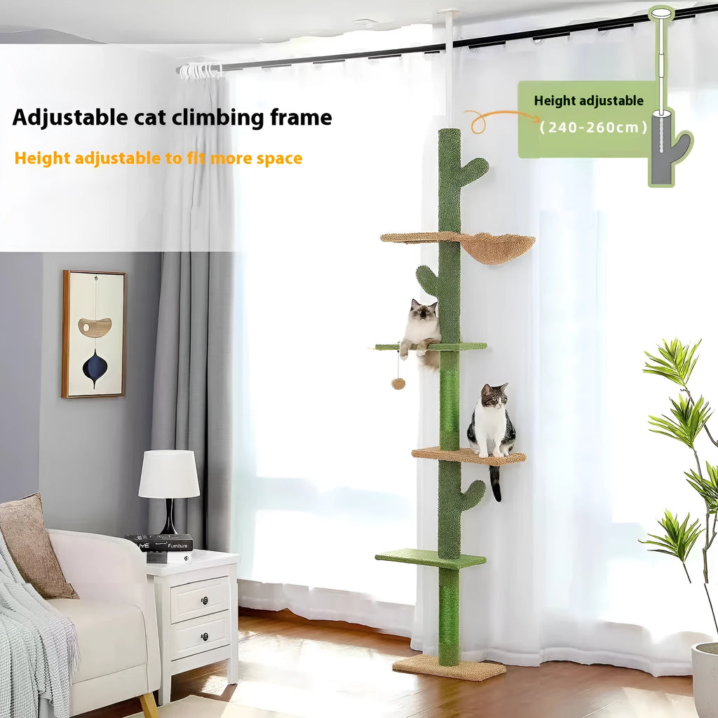 Tall solid wood cat climbing frame with integrated cactus-shaped cat nest, scratch board, and hanging toys.