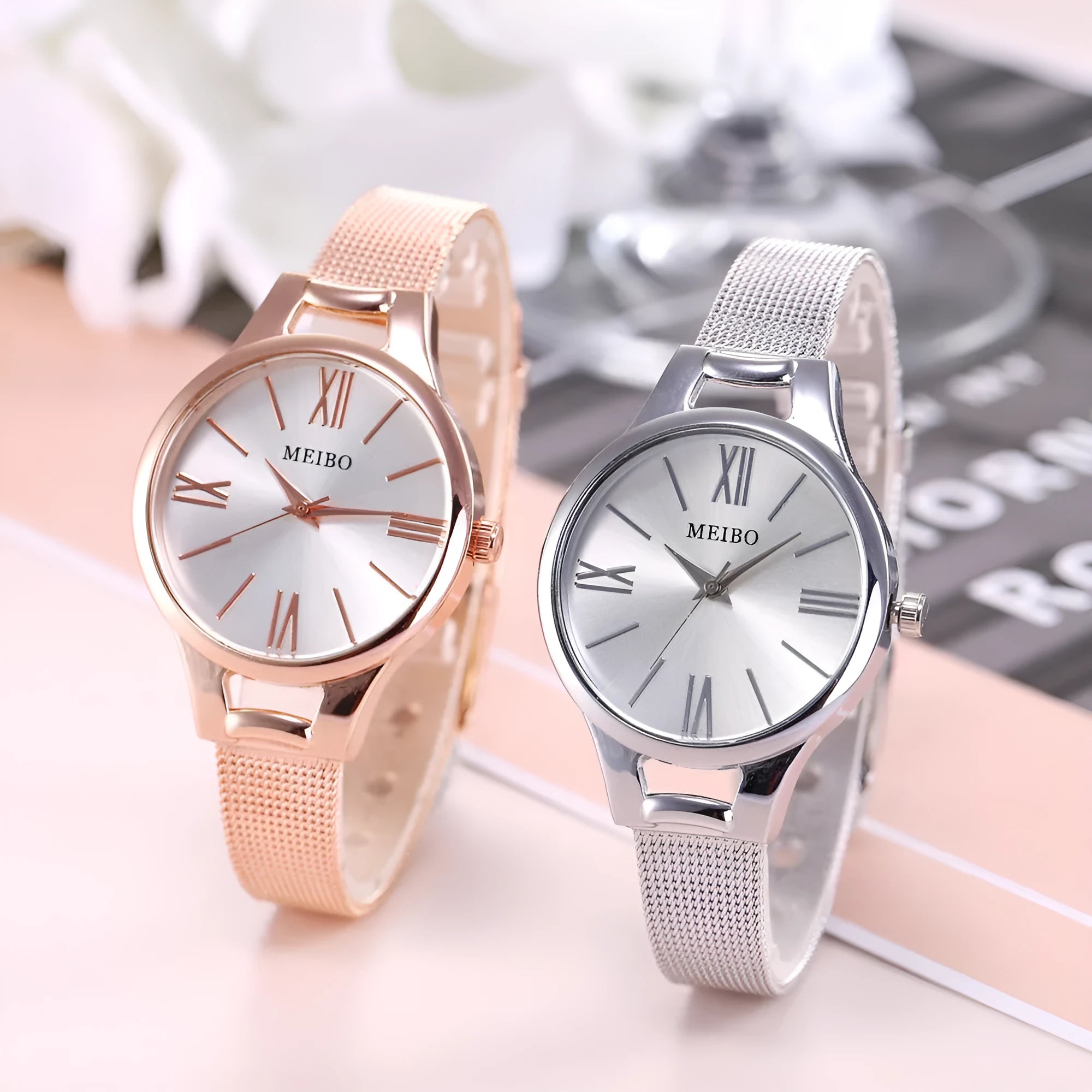 Harmony Sale women's rose gold stainless steel mesh belt watch with round glass dial and pin buckle