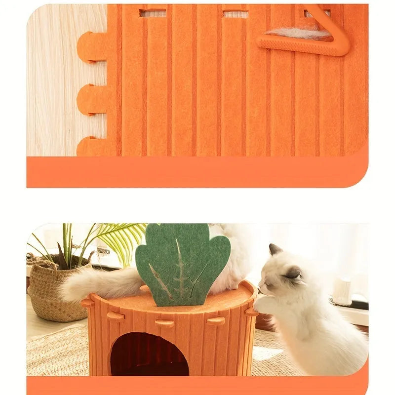 Orange carrot-shaped cat tunnel bed made of felt, showing its semi-enclosed design and entrance.
