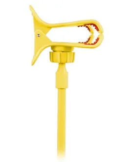 Black portable phone holder with long flexible arm and V-clip on a bedside table