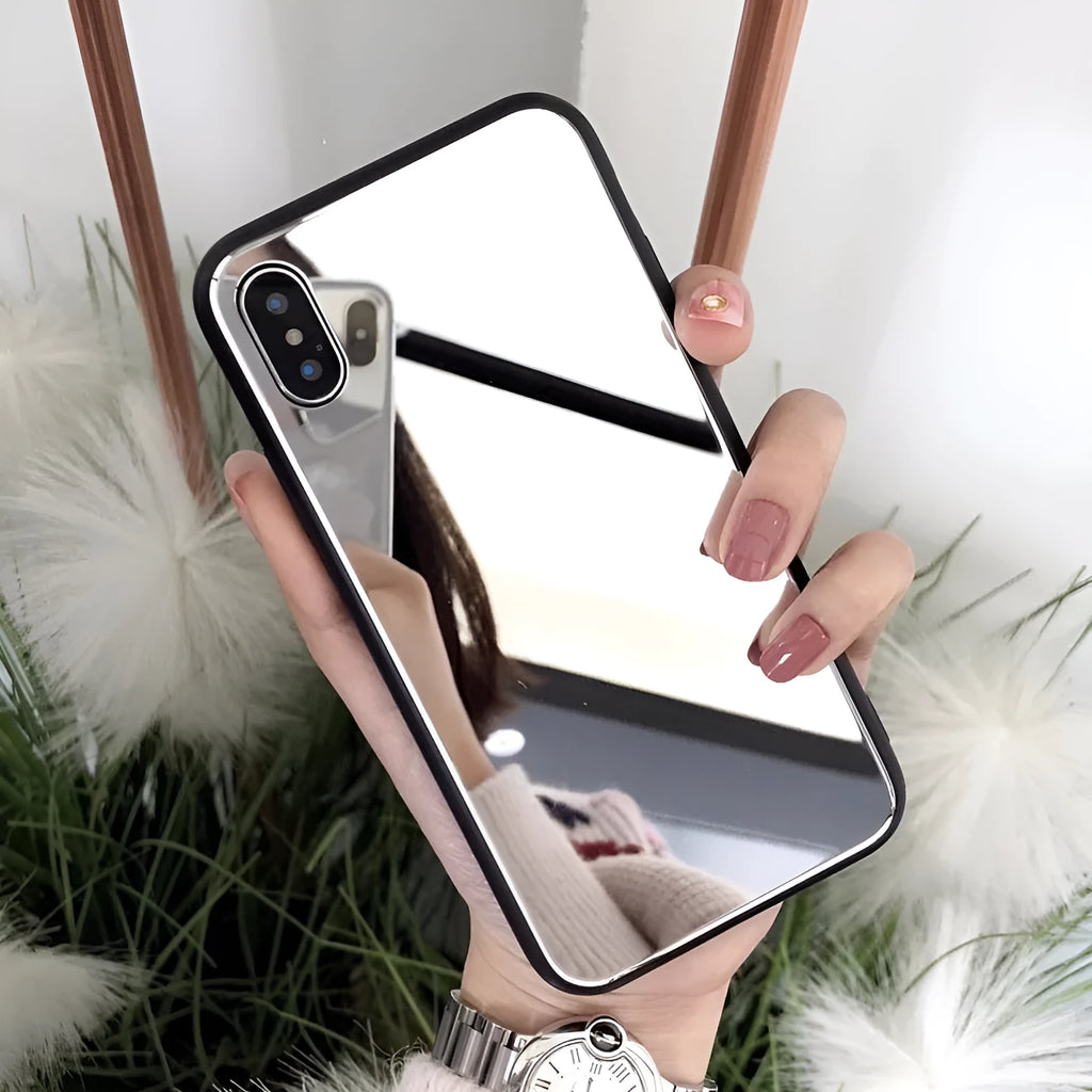 Black compatible iPhone case with a mirror on the back, for models like iPhone X and 11.