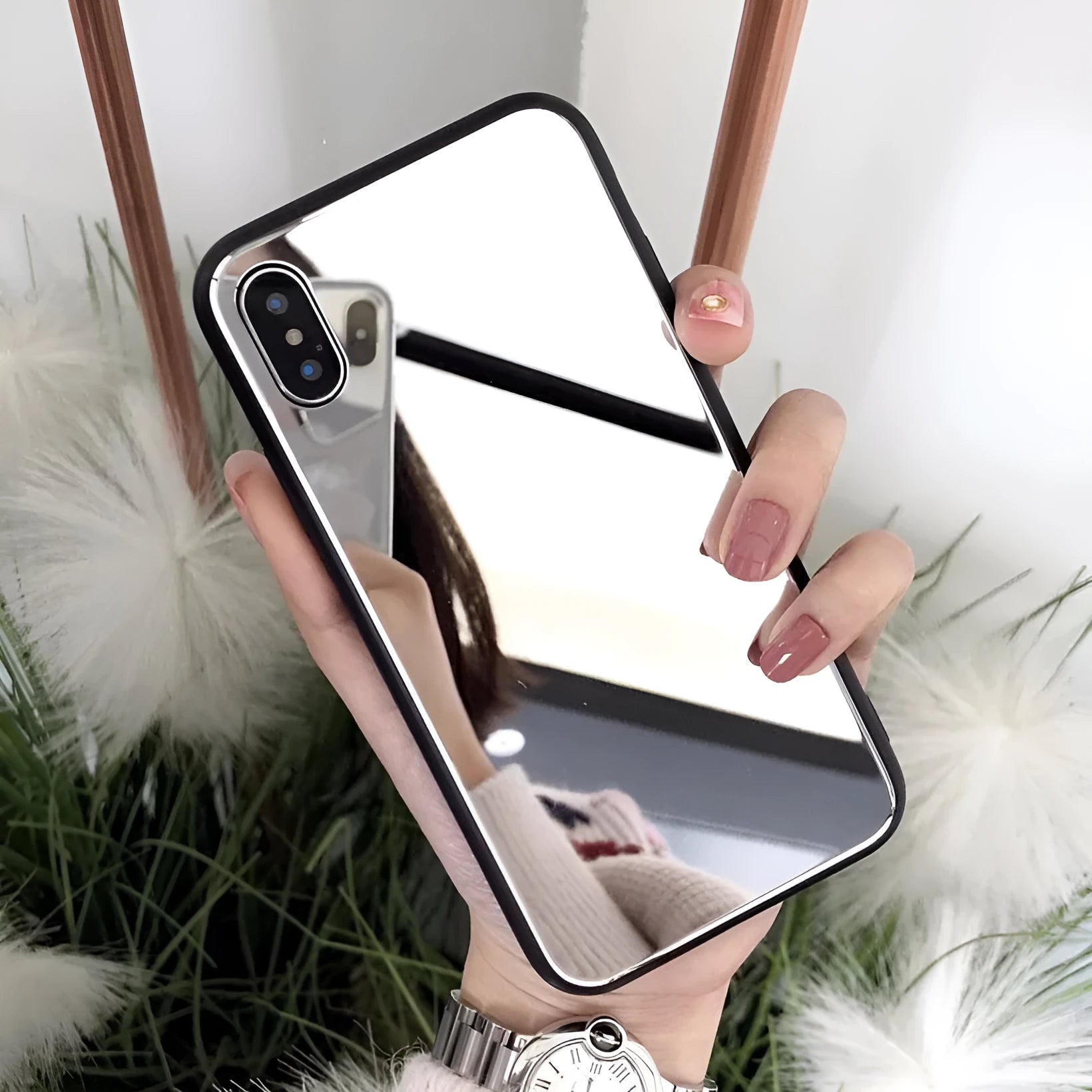 Black compatible iPhone case with a mirror on the back, for models like iPhone X and 11.